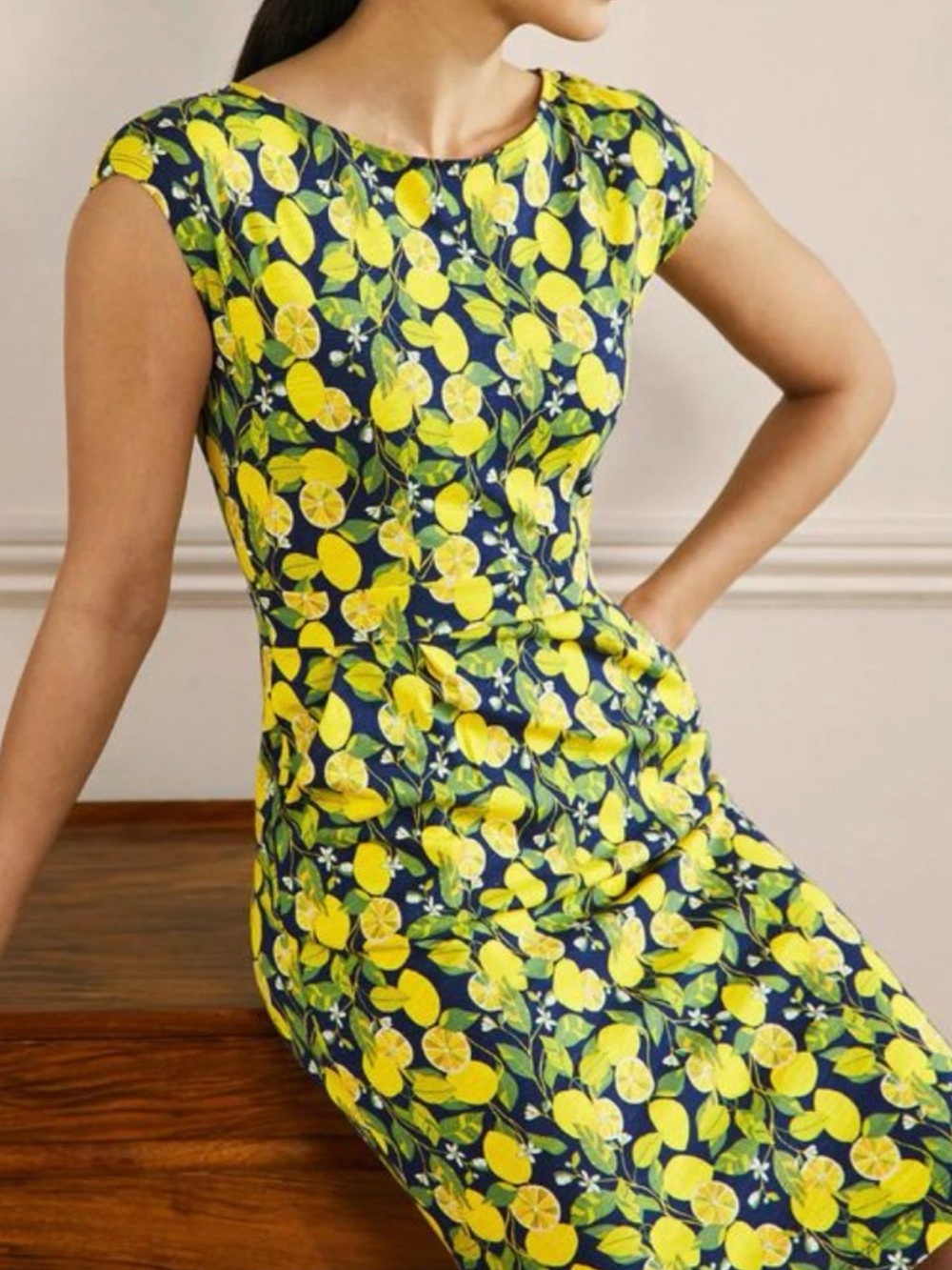 Boden Jersey Dress in Navy and Yellow Lemon Print